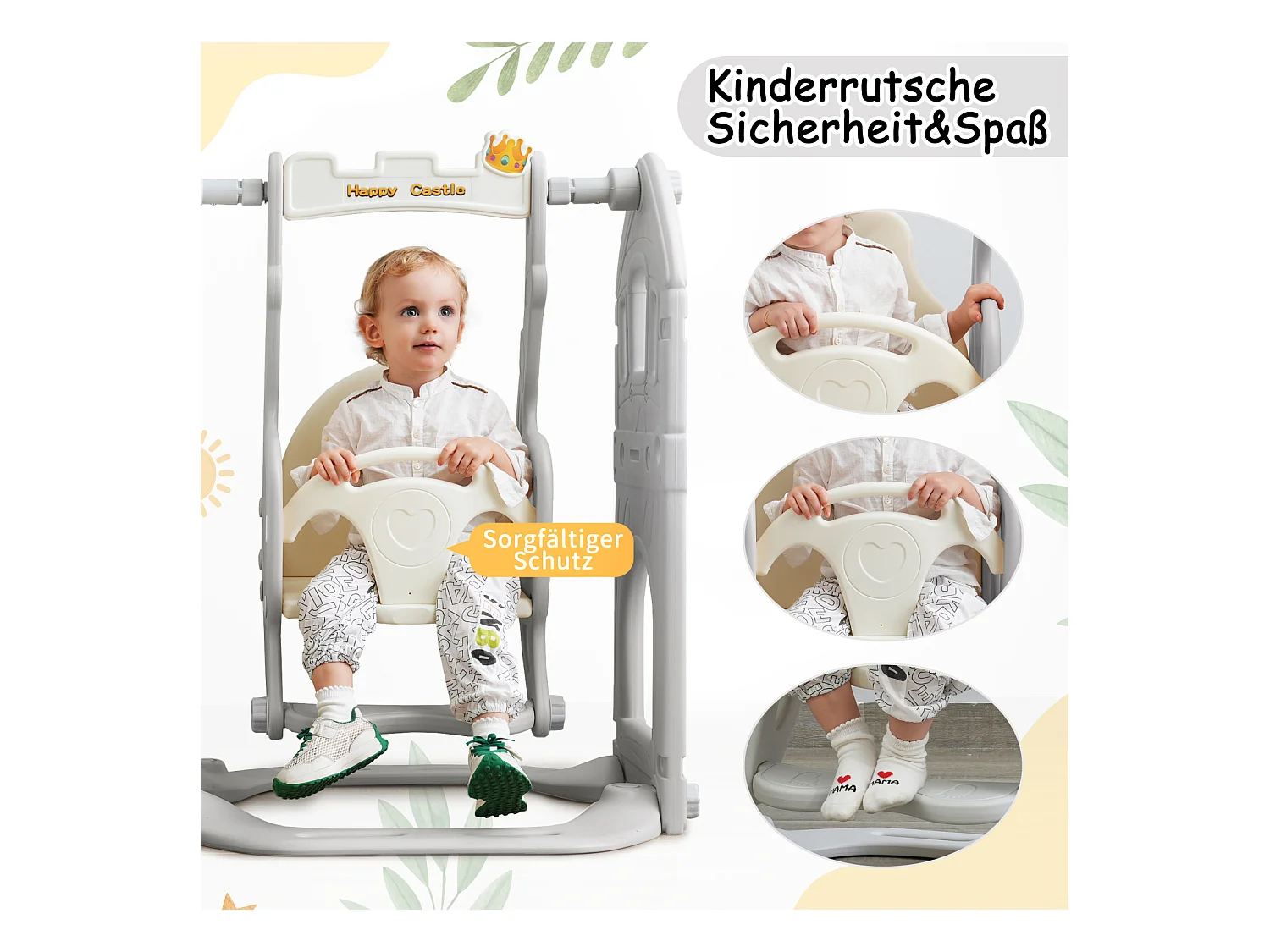 Set de toboggan 5 en 1 avec balançoire, glissade, escalade, rangement et panier de basket, idéal pour intérieur.