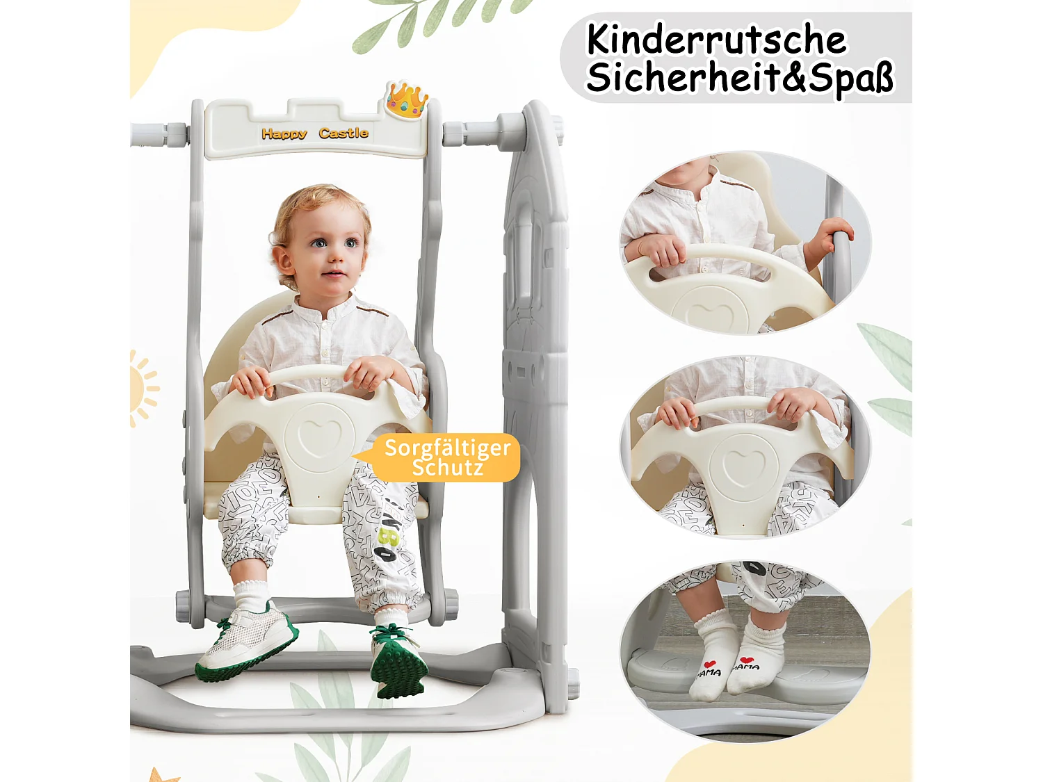 5-in-1 glijbaanset met schommel, glijbaan, klimrek, opbergruimte en basketbalring, ideaal voor gebruik binnenshuis.