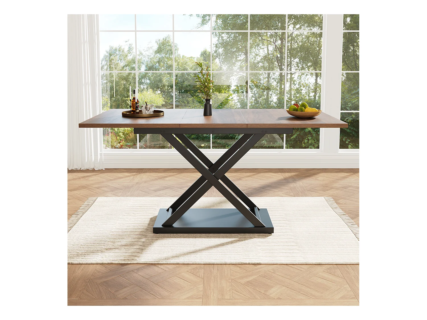 Table à manger extensible rectangle 120-160x80x75cm avec plateau en placage woodgrain marron et pieds noir croisé