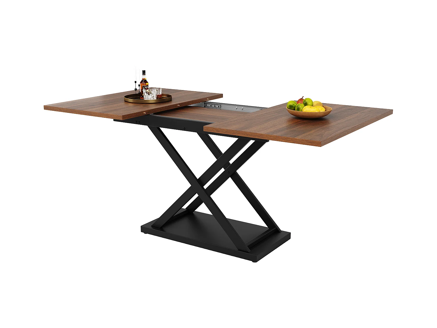 Table à manger extensible rectangle 120-160x80x75cm avec plateau en placage woodgrain marron et pieds noir croisé