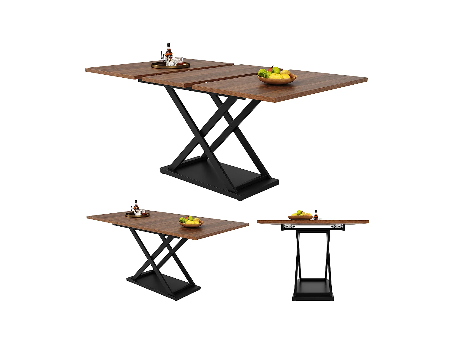 Table à manger extensible rectangle 120-160x80x75cm avec plateau en placage woodgrain marron et pieds noir croisé