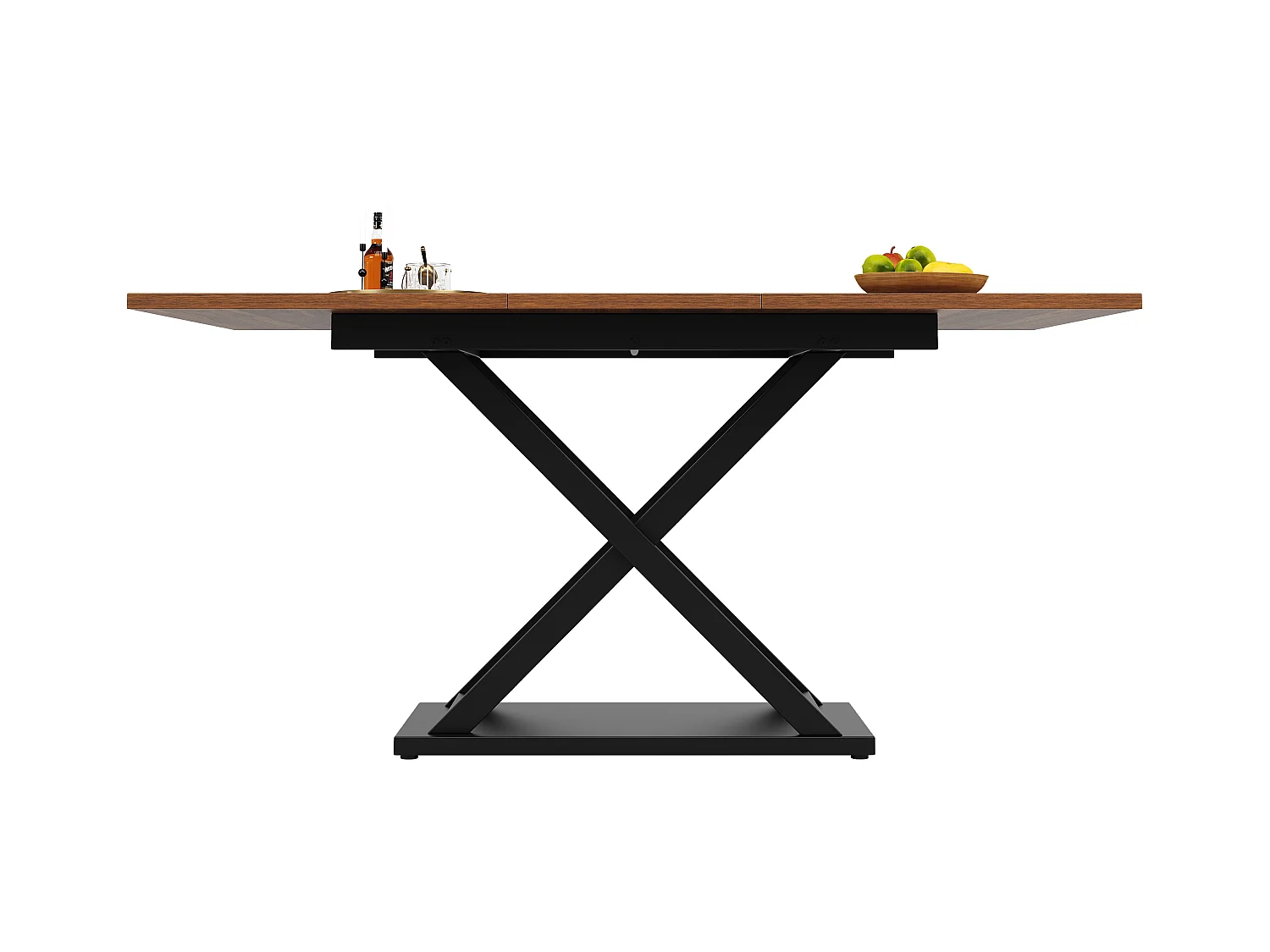 Table à manger extensible rectangle 120-160x80x75cm avec plateau en placage woodgrain marron et pieds noir croisé