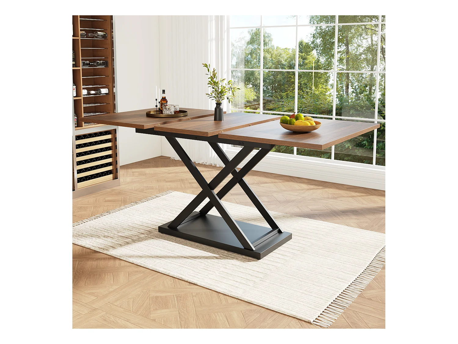 Uitschuifbare rechthoekige eettafel 120-160x80x75cm met bruin houtnerf fineer blad en zwarte gekruiste poten
