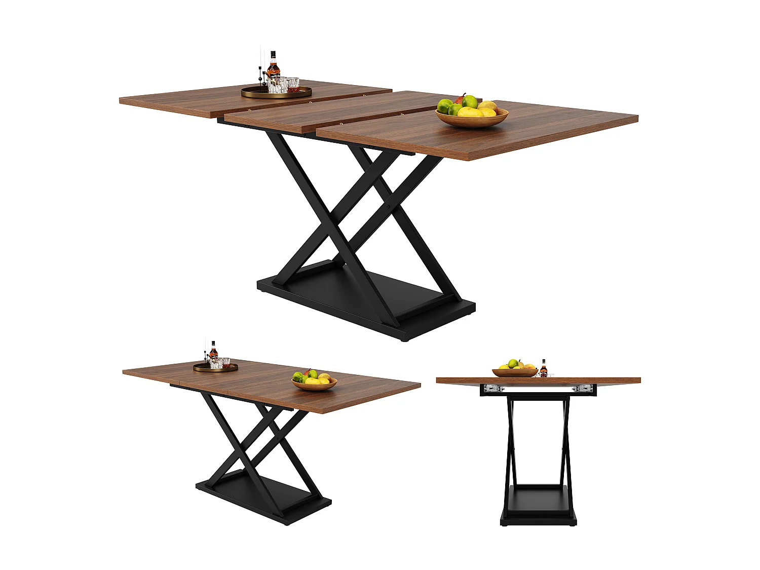 Table à manger extensible rectangle 120-160x80x75cm avec plateau en placage woodgrain marron et pieds noir croisé