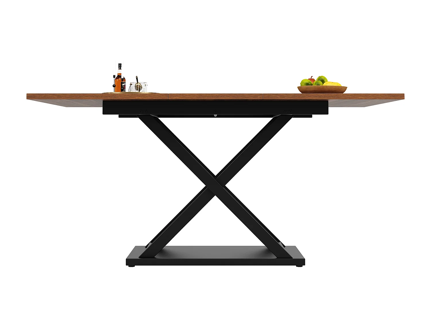 Table à manger extensible rectangle 120-160x80x75cm avec plateau en placage woodgrain marron et pieds noir croisé