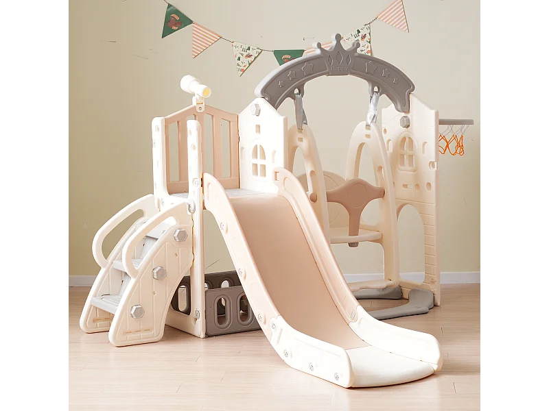 Aire de jeux 5 en 1 avec balançoire, toboggan, échelle, panier, télescope et rangement, pour intérieur et extérieur.