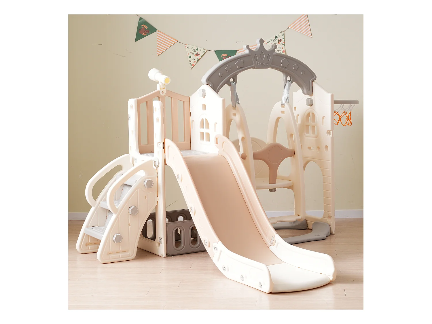 Aire de jeux 5 en 1 avec balançoire, toboggan, échelle, panier, télescope et rangement, pour intérieur et extérieur.