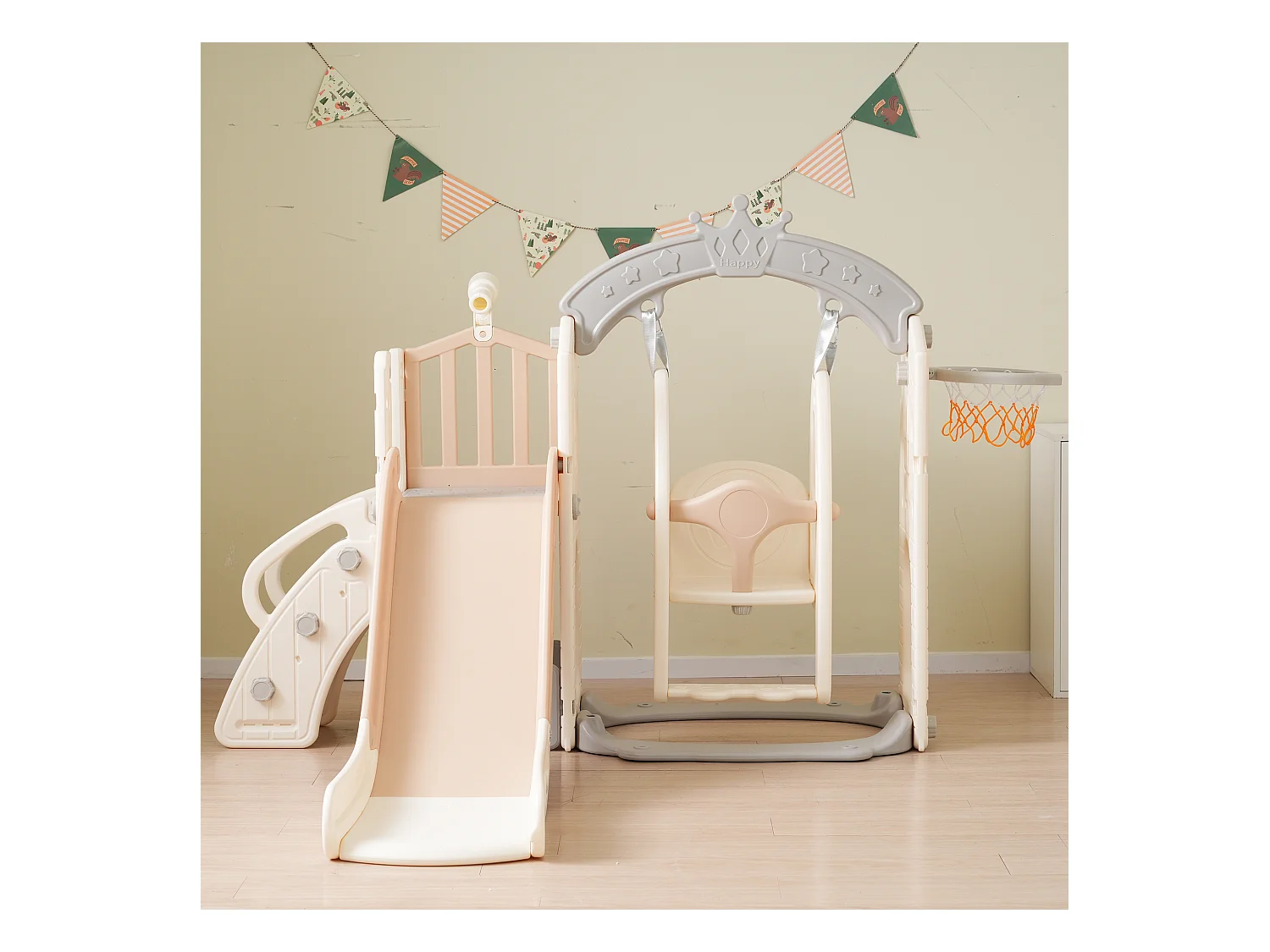 Aire de jeux 5 en 1 avec balançoire, toboggan, échelle, panier, télescope et rangement, pour intérieur et extérieur.