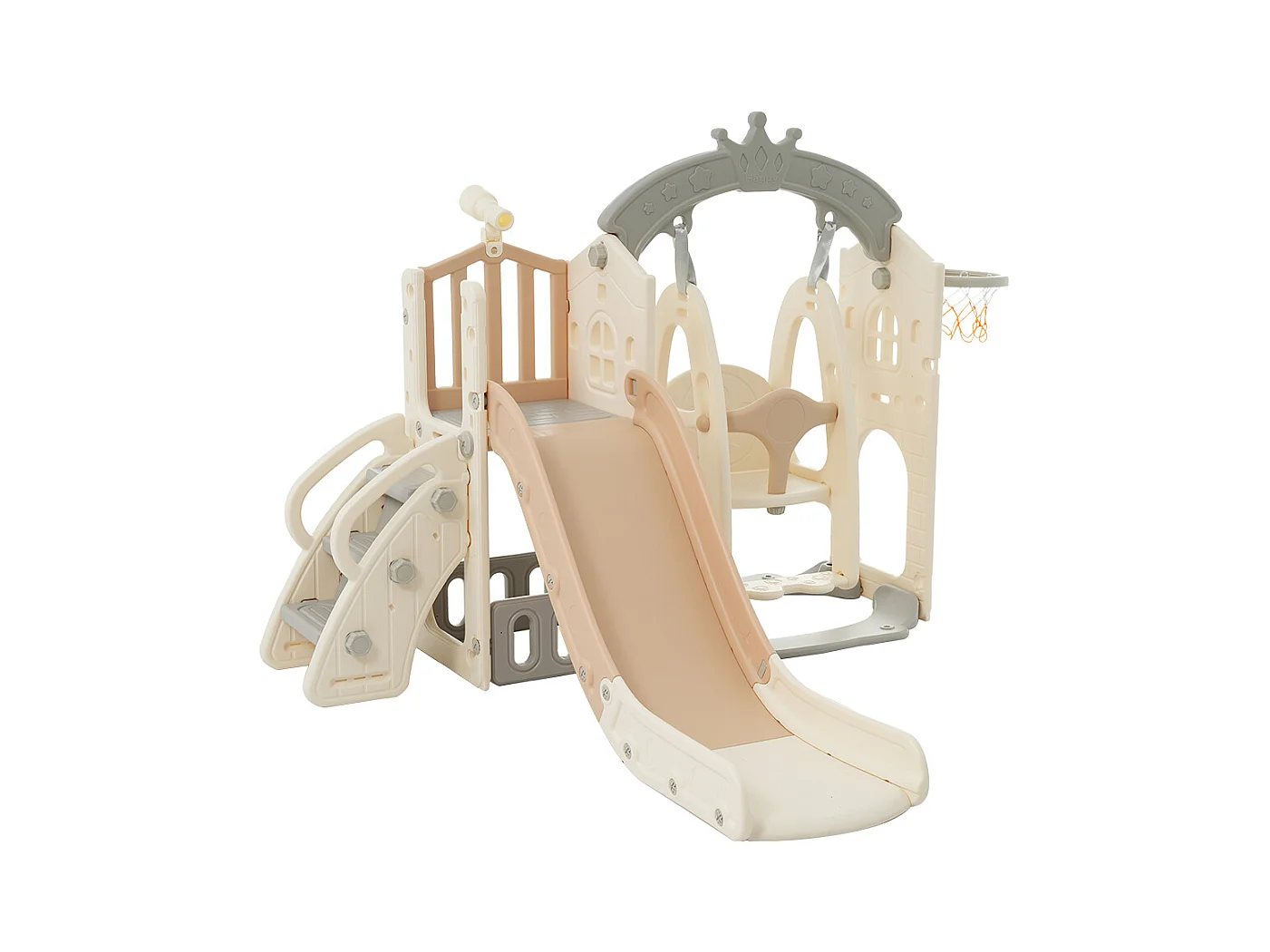 Aire de jeux 5 en 1 avec balançoire, toboggan, échelle, panier, télescope et rangement, pour intérieur et extérieur.