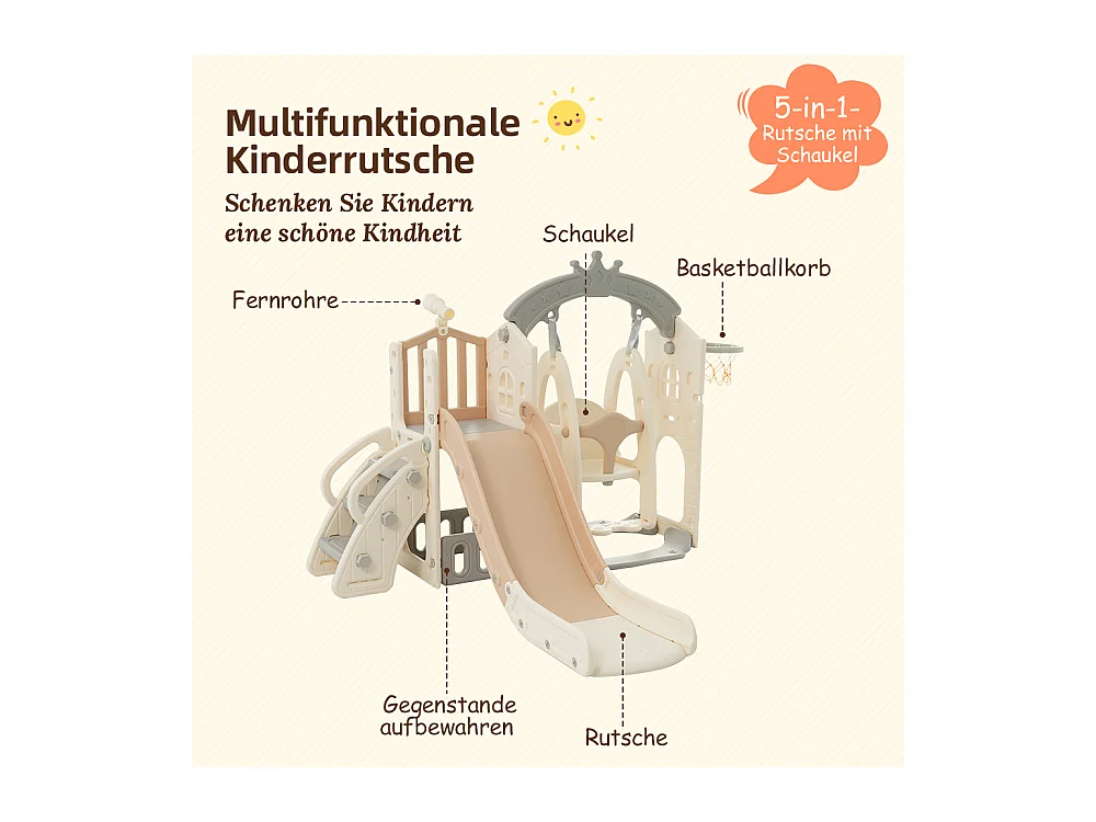 Aire de jeux 5 en 1 avec balançoire, toboggan, échelle, panier, télescope et rangement, pour intérieur et extérieur.
