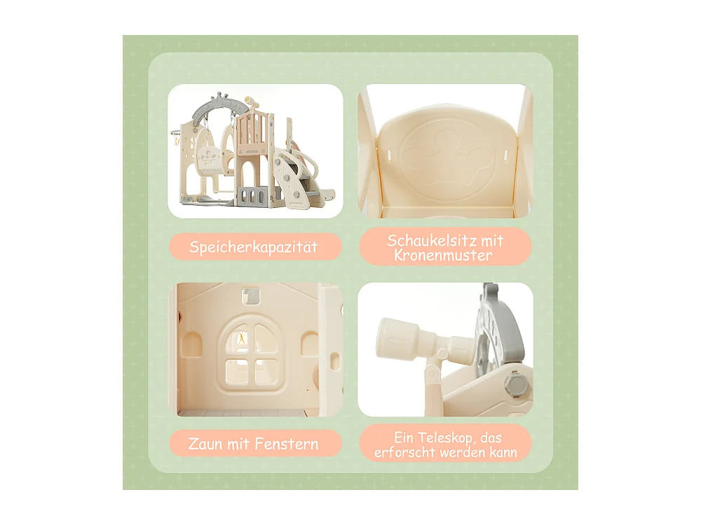 Aire de jeux 5 en 1 avec balançoire, toboggan, échelle, panier, télescope et rangement, pour intérieur et extérieur.