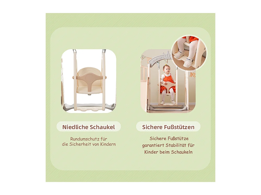 Aire de jeux 5 en 1 avec balançoire, toboggan, échelle, panier, télescope et rangement, pour intérieur et extérieur.