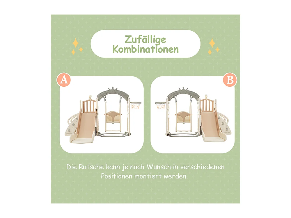 Aire de jeux 5 en 1 avec balançoire, toboggan, échelle, panier, télescope et rangement, pour intérieur et extérieur.