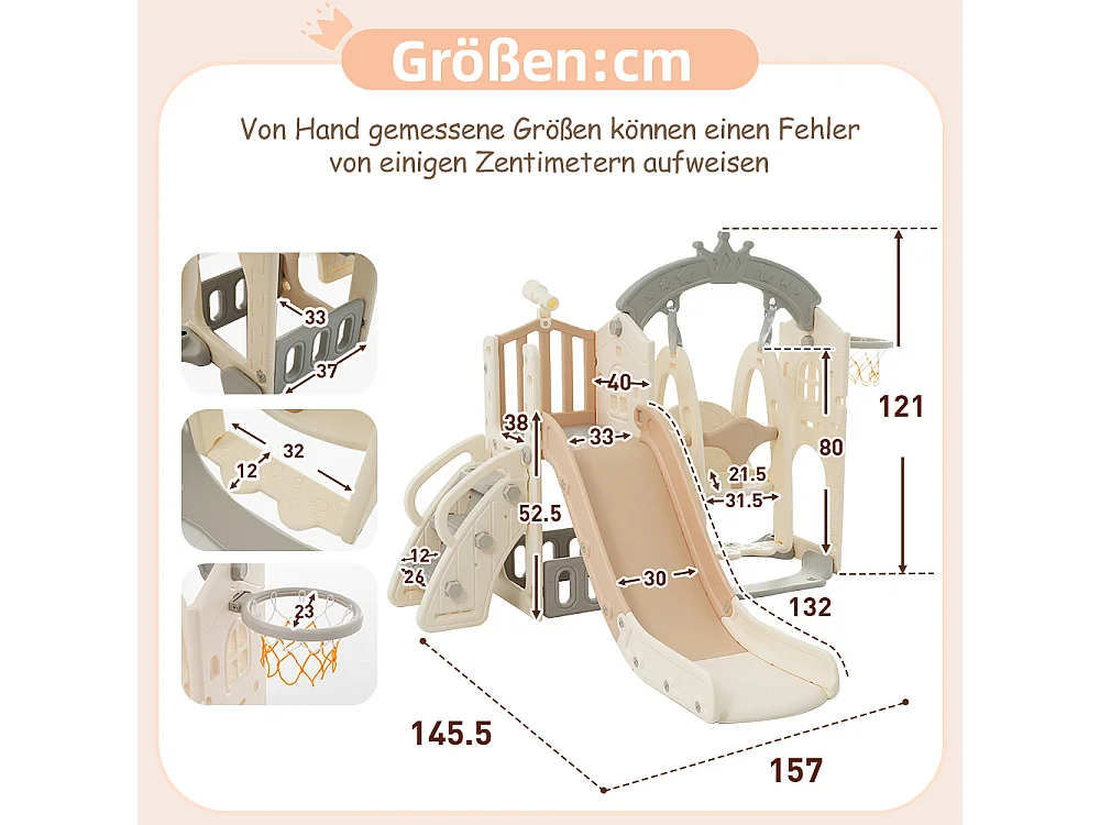 5-in-1 speeltoestel met schommel, glijbaan, ladder, mand, telescoop en opbergruimte, voor binnen- en buitengebruik.