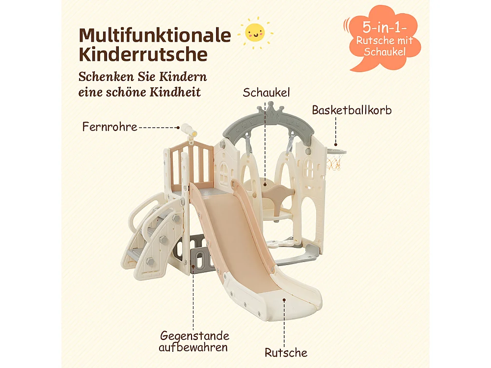 5-in-1 speeltoestel met schommel, glijbaan, ladder, mand, telescoop en opbergruimte, voor binnen- en buitengebruik.