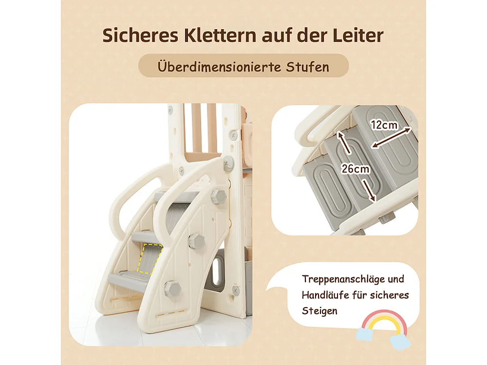 5-in-1 speeltoestel met schommel, glijbaan, ladder, mand, telescoop en opbergruimte, voor binnen- en buitengebruik.