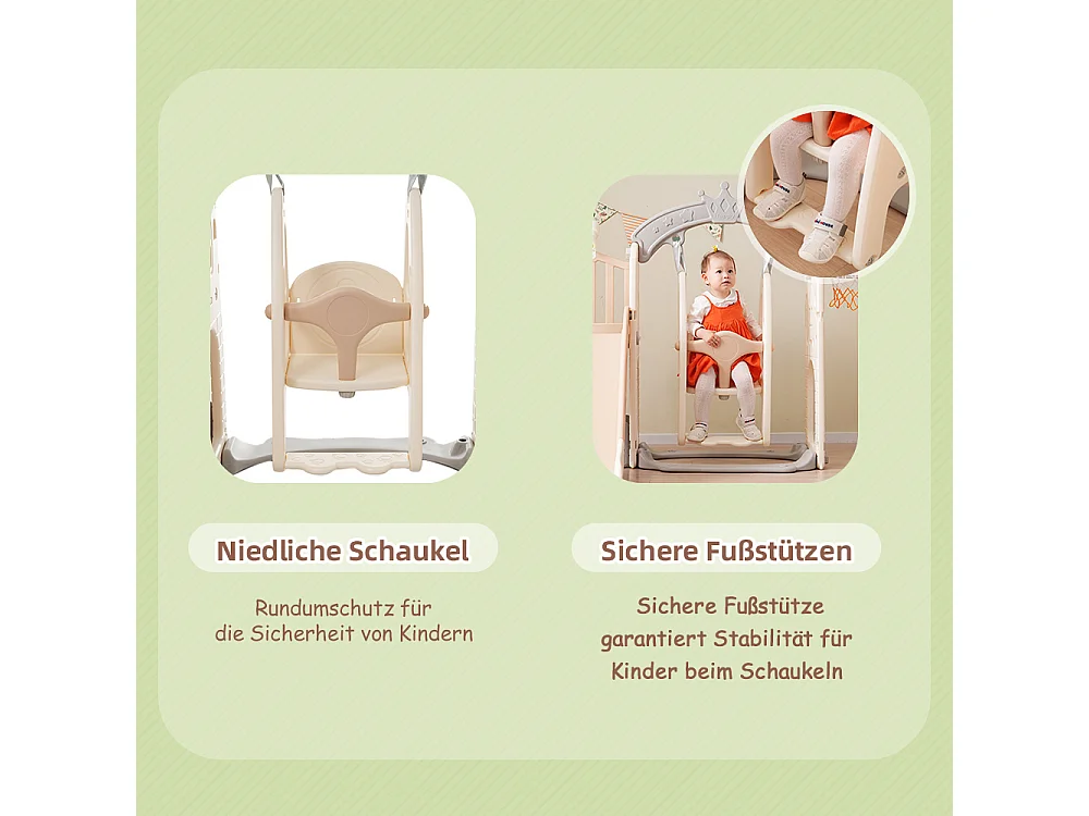 5-in-1 speeltoestel met schommel, glijbaan, ladder, mand, telescoop en opbergruimte, voor binnen- en buitengebruik.