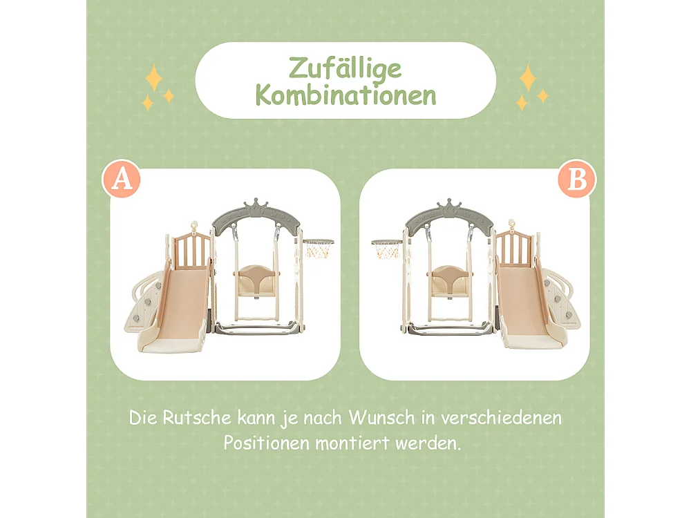 5-in-1 speeltoestel met schommel, glijbaan, ladder, mand, telescoop en opbergruimte, voor binnen- en buitengebruik.