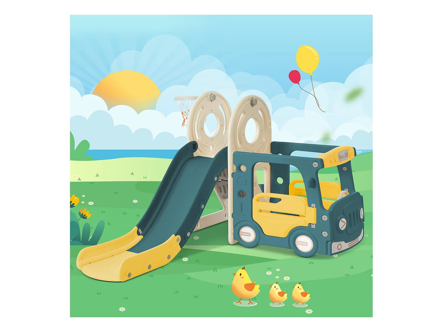 Toboggan 4 en 1 avec bus, panier de basket, échelle d’activités et ballon, en polyéthylène haute densité, pour enfants.