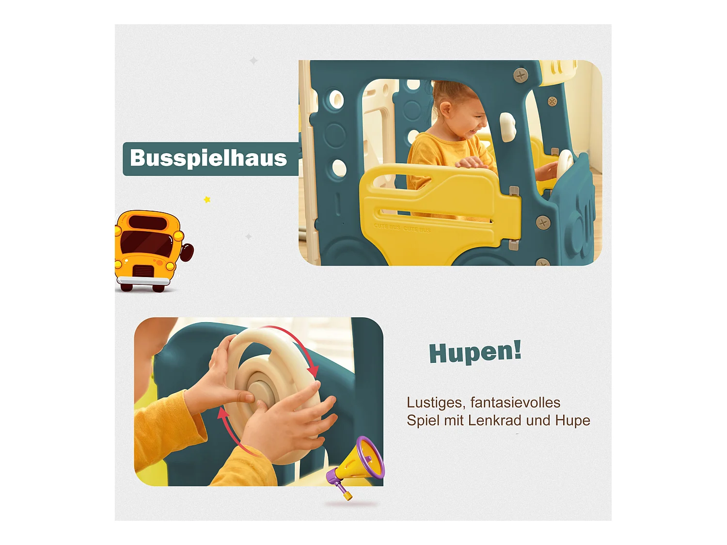 Toboggan 4 en 1 avec bus, panier de basket, échelle d’activités et ballon, en polyéthylène haute densité, pour enfants.