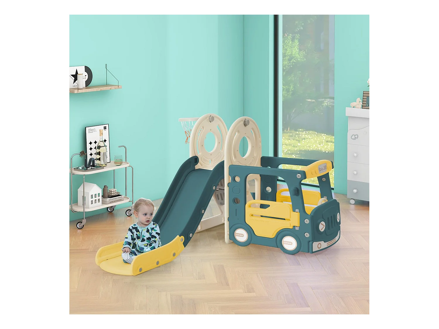 4-in-1 glijbaan met bus, basketbalring, activiteitenladder en bal, gemaakt van polyethyleen met hoge dichtheid, voor kinderen.