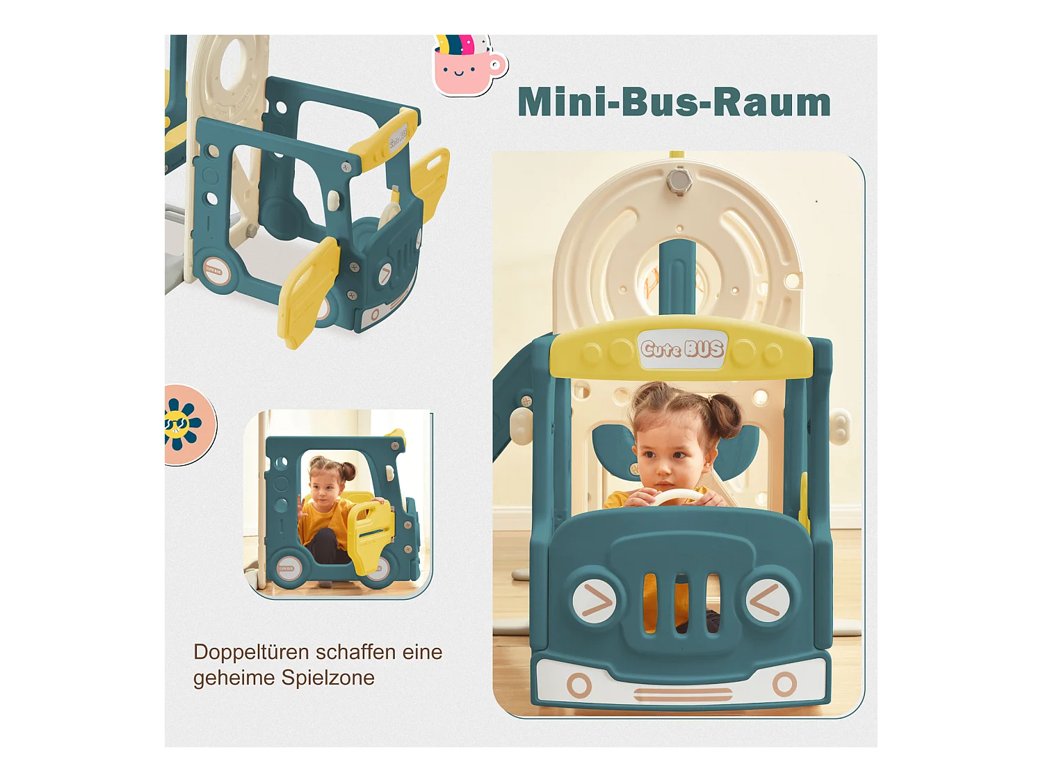 Toboggan 4 en 1 avec bus, panier de basket, échelle d’activités et ballon, en polyéthylène haute densité, pour enfants.