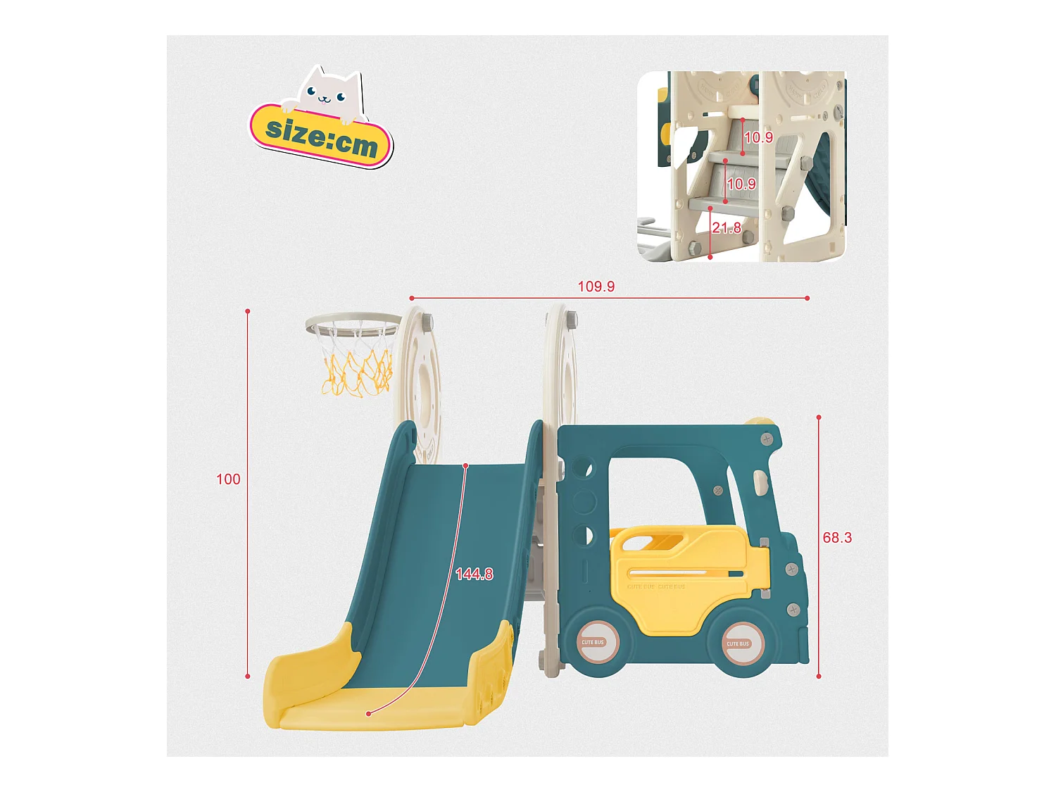 Toboggan 4 en 1 avec bus, panier de basket, échelle d’activités et ballon, en polyéthylène haute densité, pour enfants.