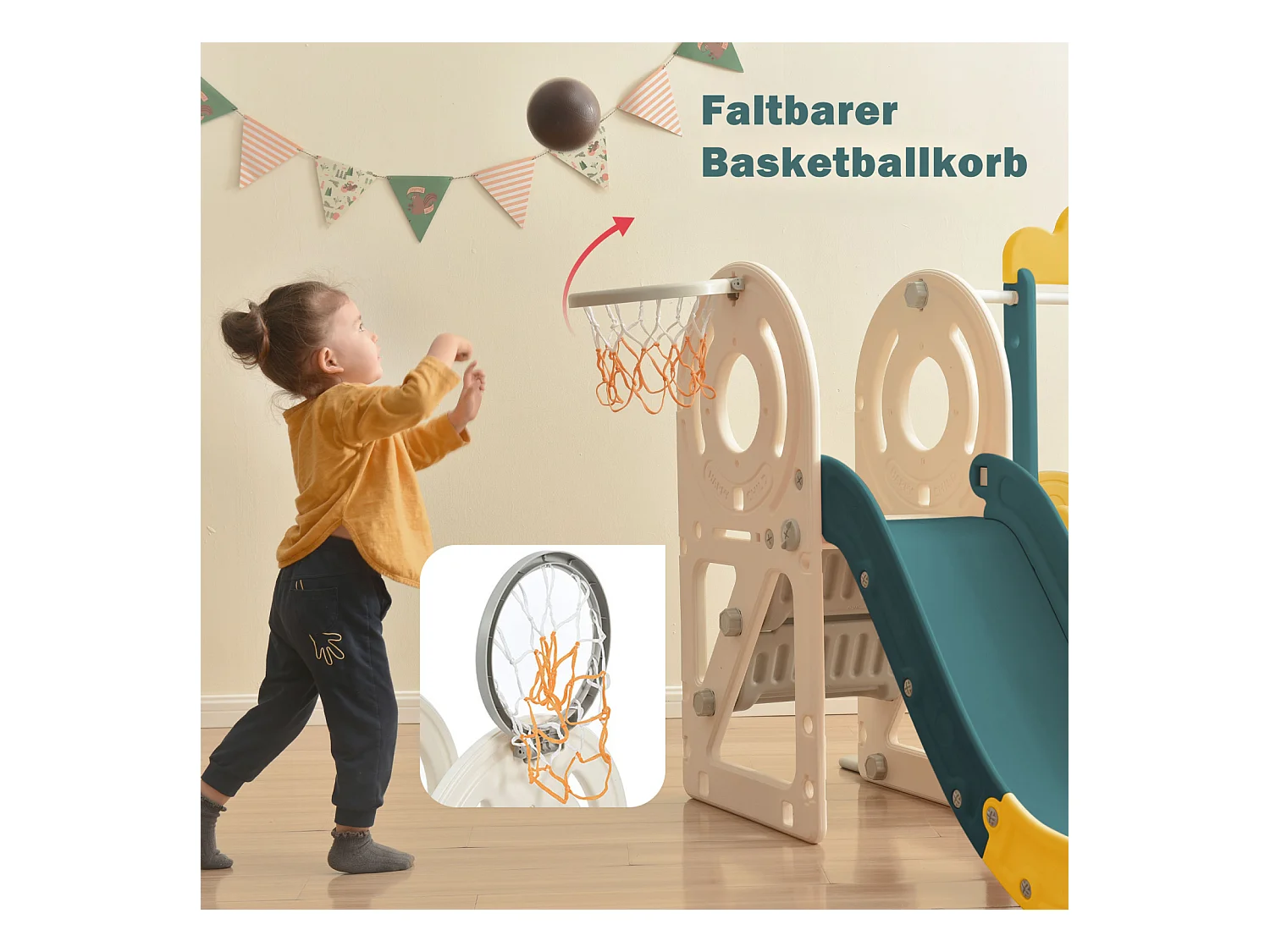 Toboggan 4 en 1 avec bus, panier de basket, échelle d’activités et ballon, en polyéthylène haute densité, pour enfants.