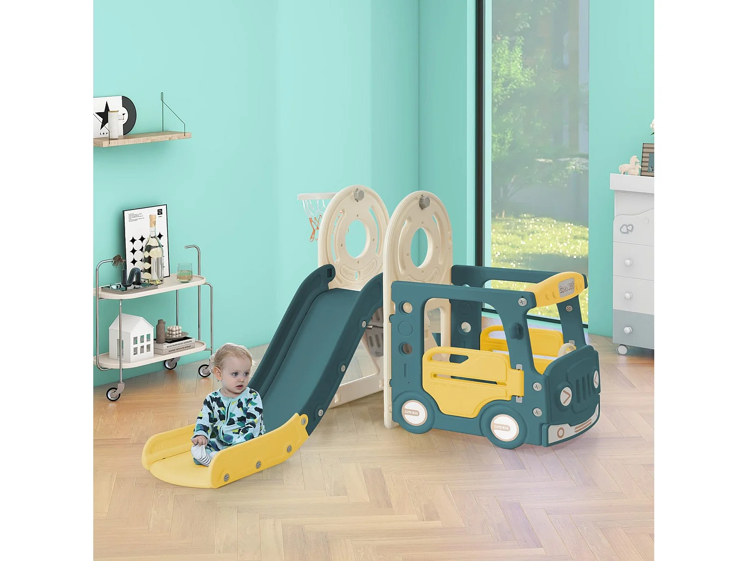 Toboggan 4 en 1 avec bus, panier de basket, échelle d’activités et ballon, en polyéthylène haute densité, pour enfants.