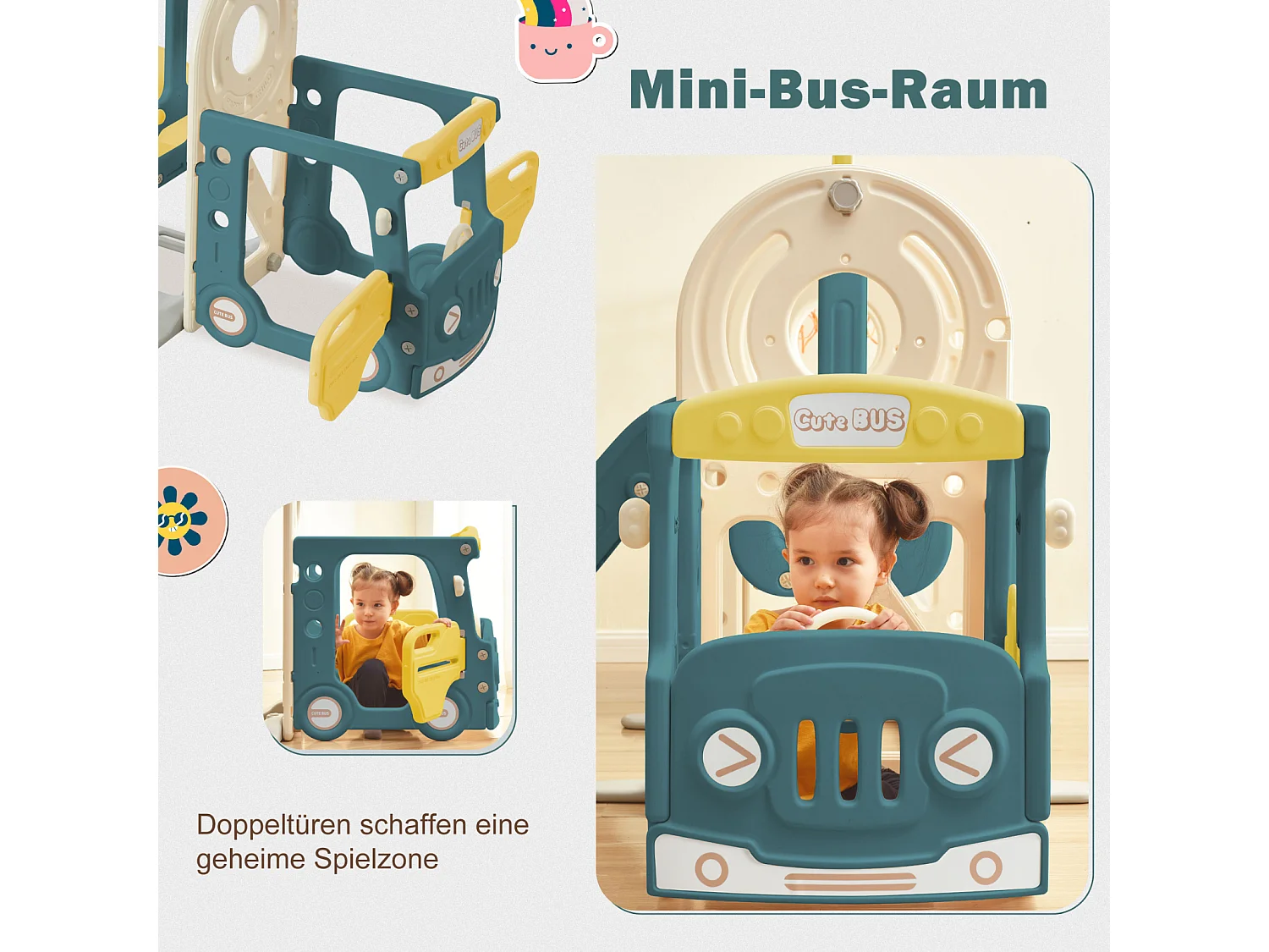 Toboggan 4 en 1 avec bus, panier de basket, échelle d’activités et ballon, en polyéthylène haute densité, pour enfants.