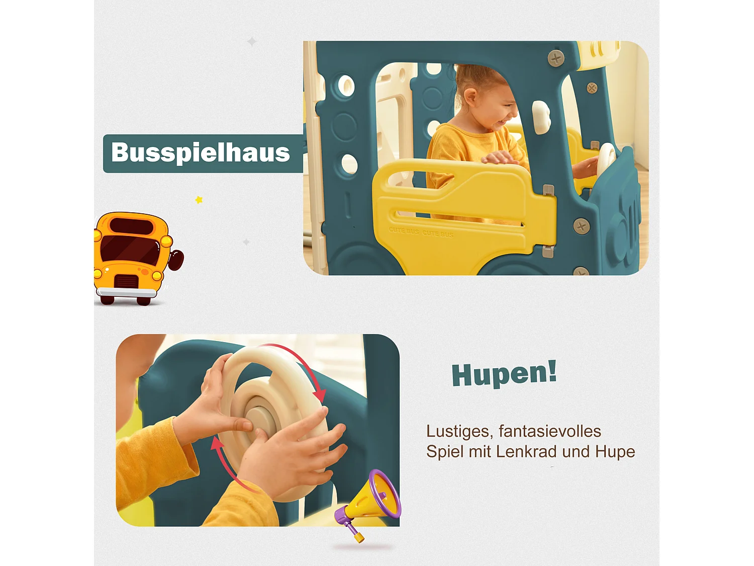 Toboggan 4 en 1 avec bus, panier de basket, échelle d’activités et ballon, en polyéthylène haute densité, pour enfants.