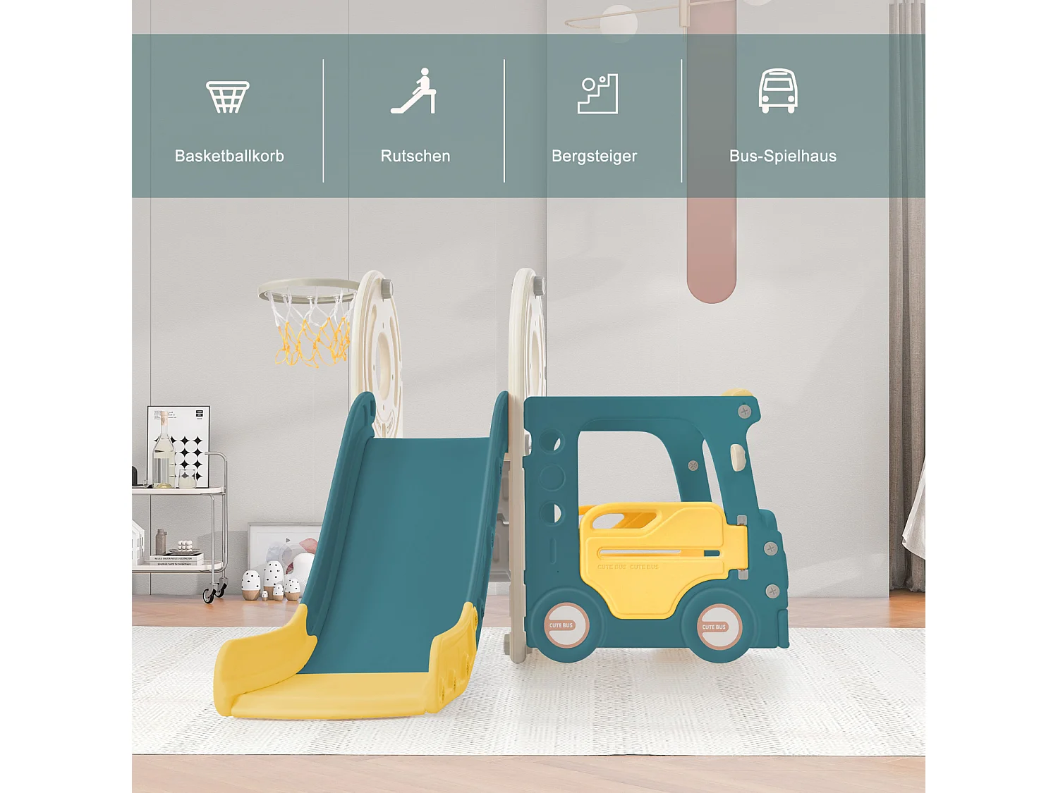 Toboggan 4 en 1 avec bus, panier de basket, échelle d’activités et ballon, en polyéthylène haute densité, pour enfants.