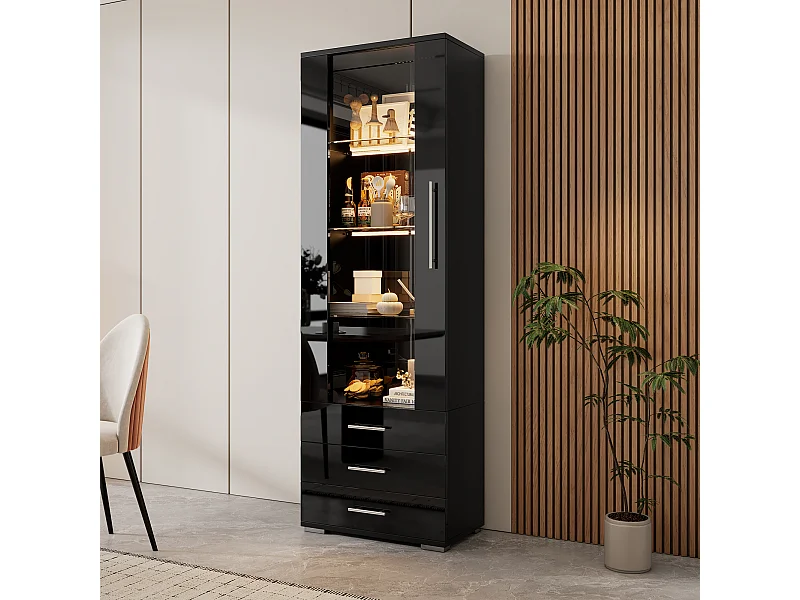 Vitrina alta con 3 cajones y 1 puerta de cristal, cuerpo de MDF lacado en negro, LED incluido - 60x35x180cm