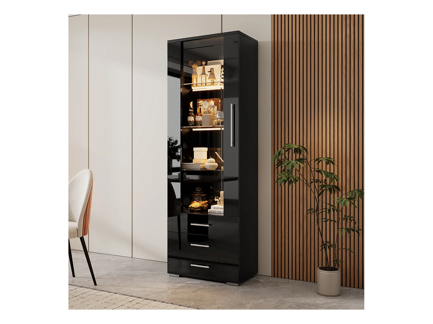 Vitrina alta con 3 cajones y 1 puerta de cristal, cuerpo de MDF lacado en negro, LED incluido - 60x35x180cm