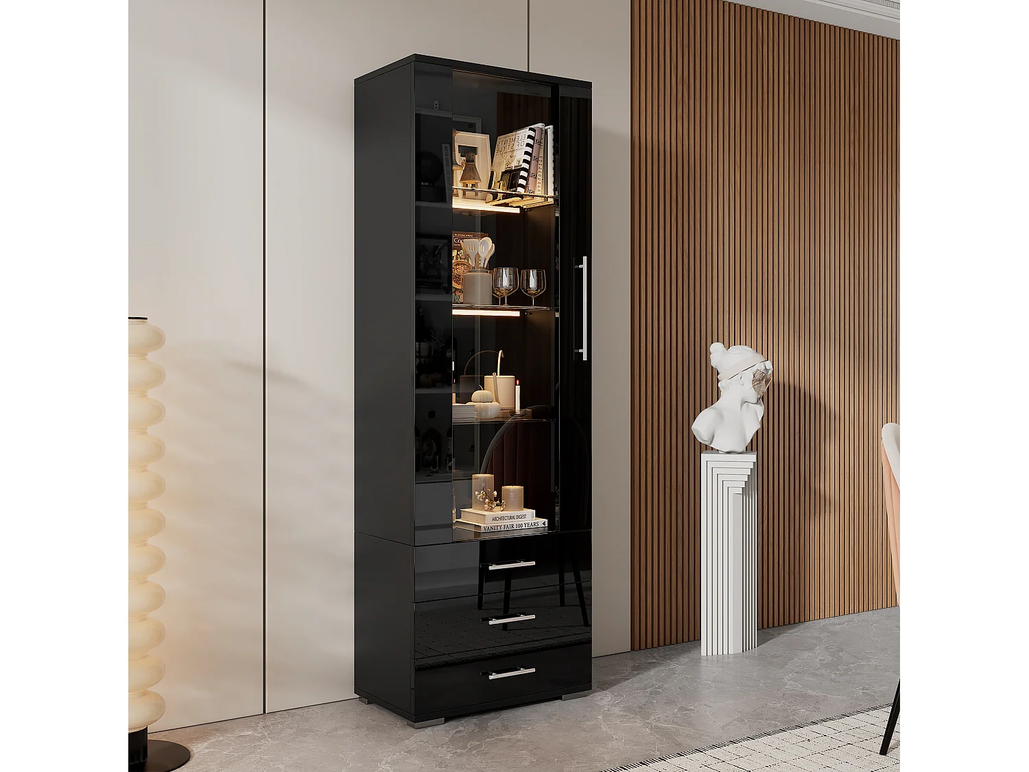 Vitrina alta con 3 cajones y 1 puerta de cristal, cuerpo de MDF lacado en negro, LED incluido - 60x35x180cm