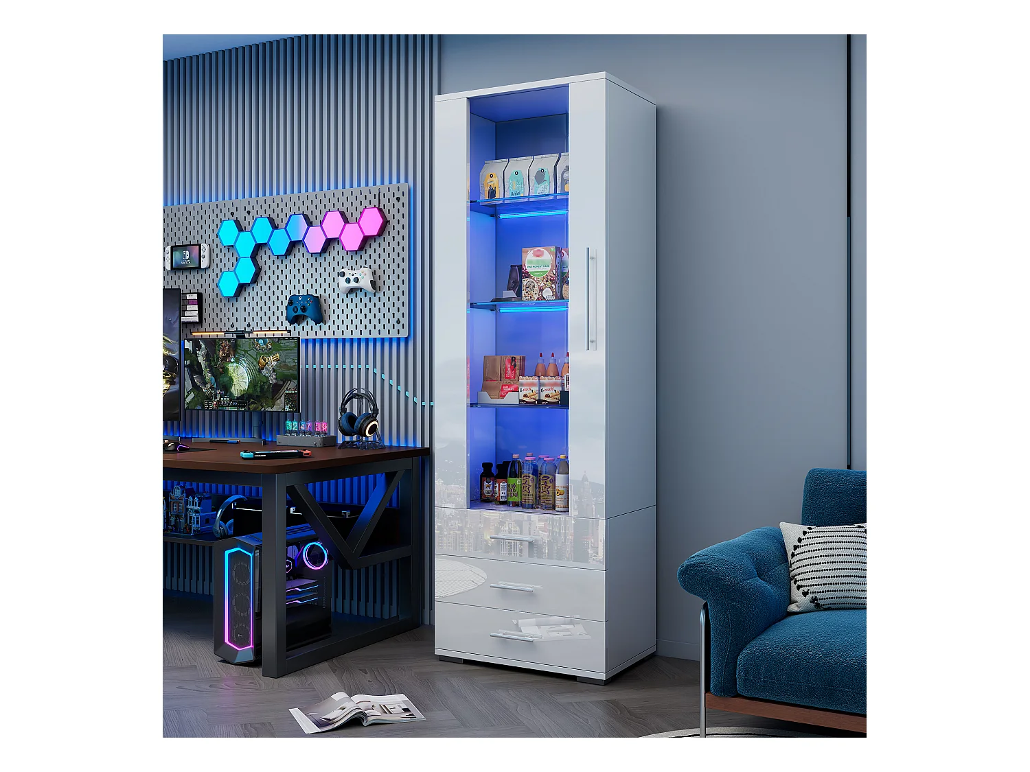 Vitrina alta con 3 cajones y 1 puerta de cristal, cuerpo de MDF lacado en blanco, LED incluido - 60x35x180cm