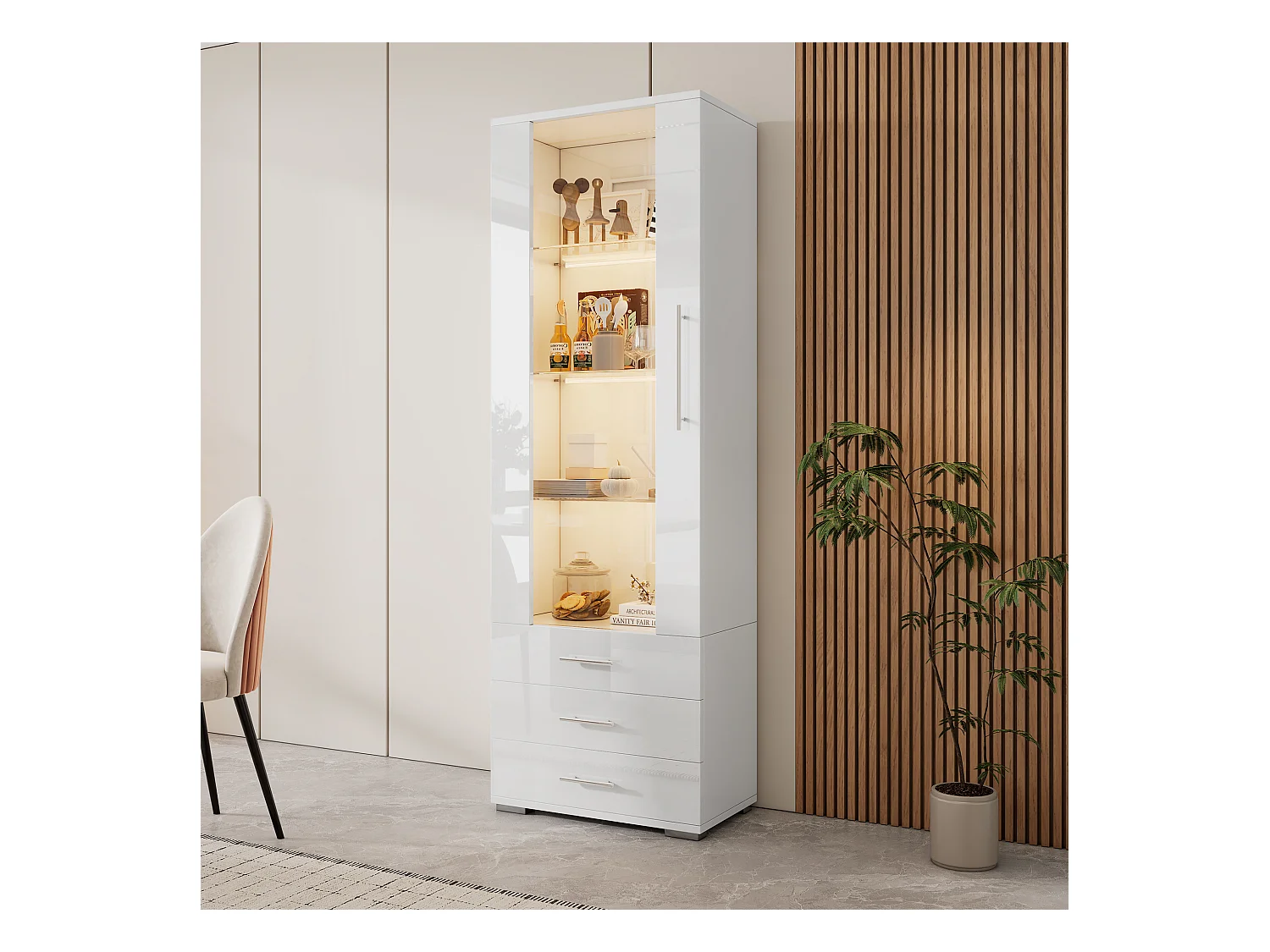 Vitrina alta con 3 cajones y 1 puerta de cristal, cuerpo de MDF lacado en blanco, LED incluido - 60x35x180cm