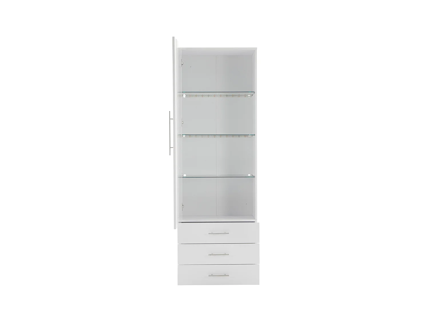 Vitrina alta con 3 cajones y 1 puerta de cristal, cuerpo de MDF lacado en blanco, LED incluido - 60x35x180cm