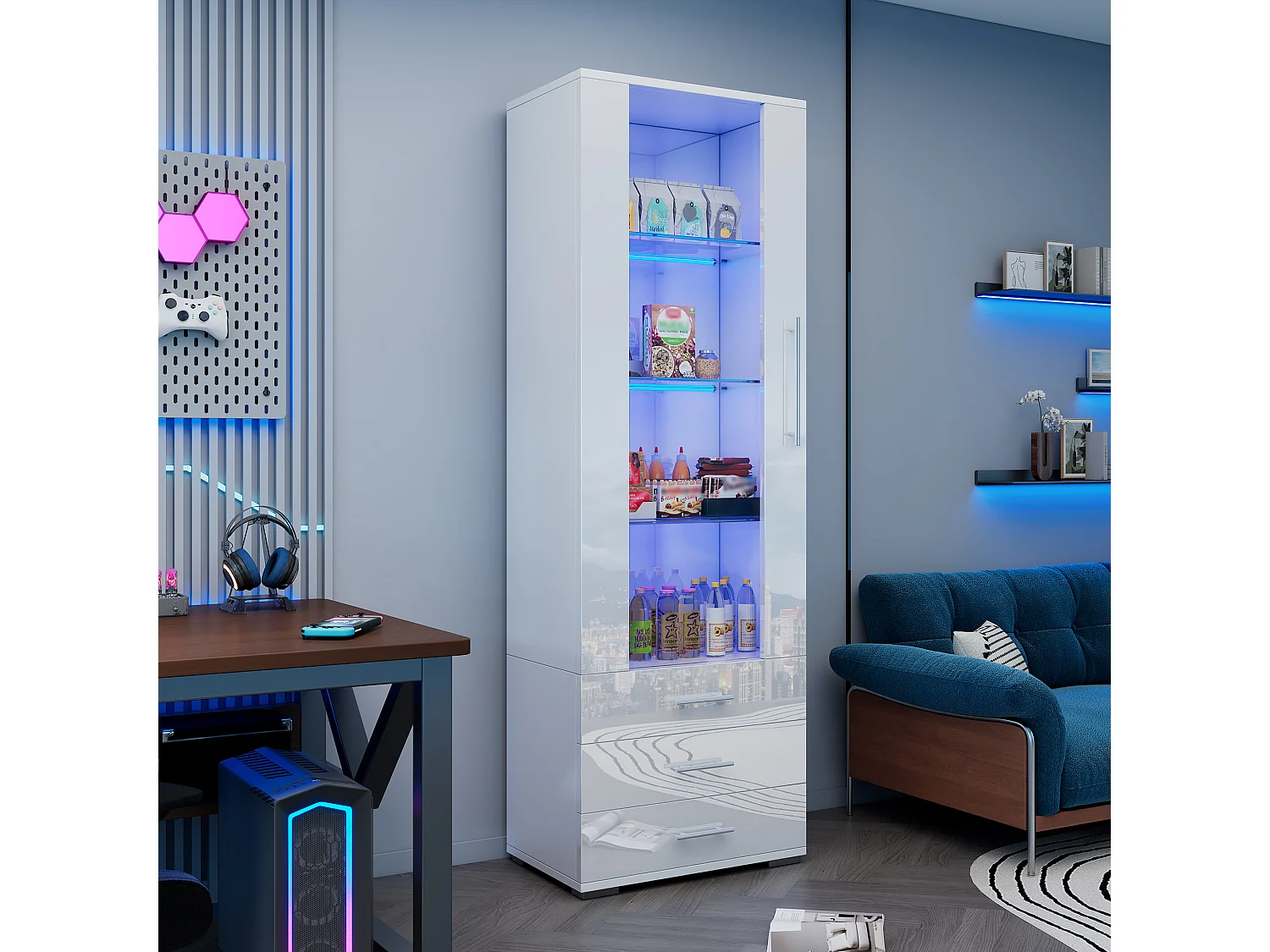 Vitrine haute avec 3 tiroirs et 1 porte en verre, corps en MDF blanc laqué, LED inclus - 60x35x180cm