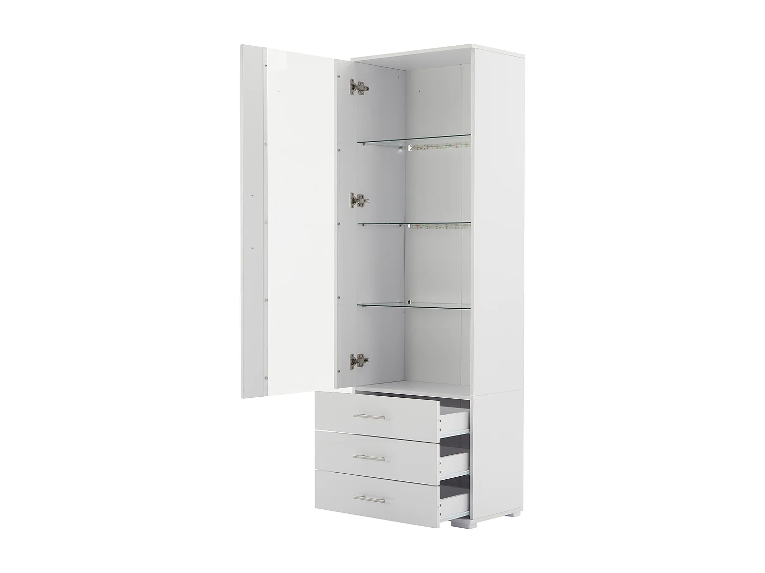 Vitrine haute avec 3 tiroirs et 1 porte en verre, corps en MDF blanc laqué, LED inclus - 60x35x180cm