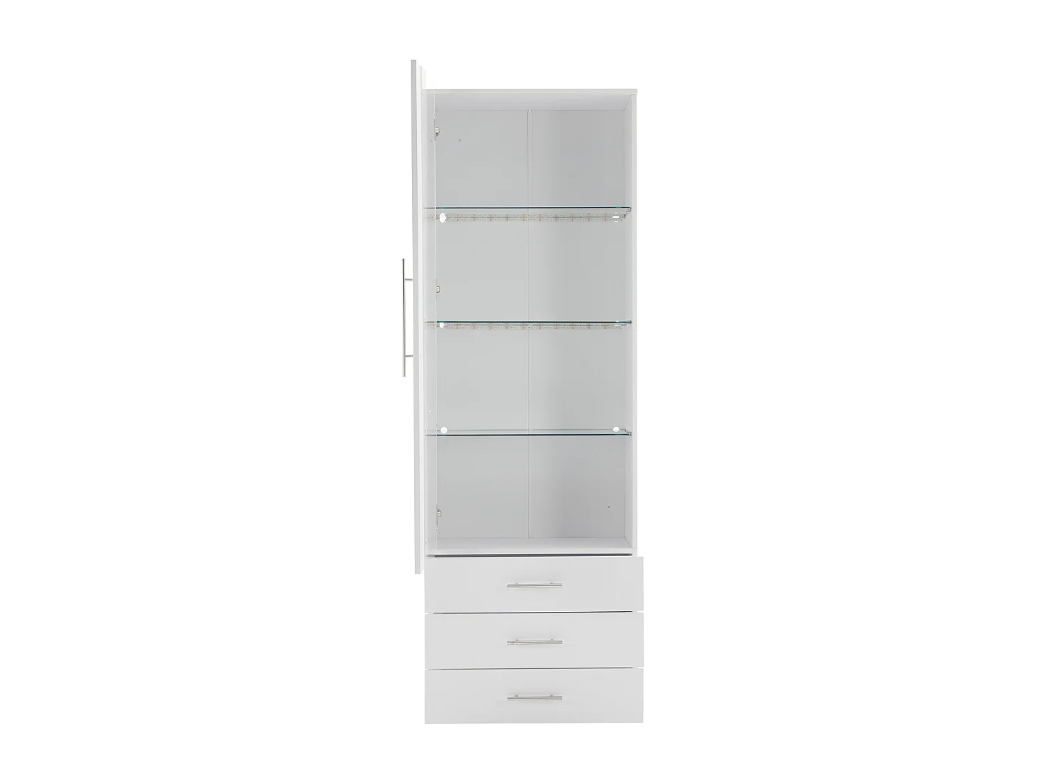 Vitrine haute avec 3 tiroirs et 1 porte en verre, corps en MDF blanc laqué, LED inclus - 60x35x180cm