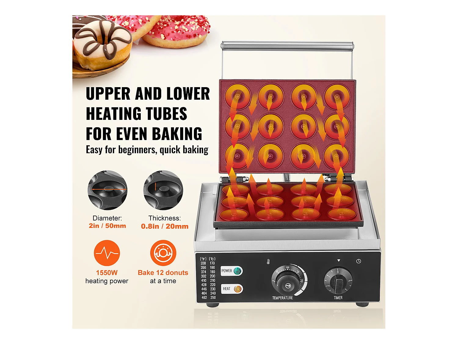 Machine à Beignets électrique SucceBuy 12 Trous, Machine à Beignets Commerciale 1550 W Antiadhésive