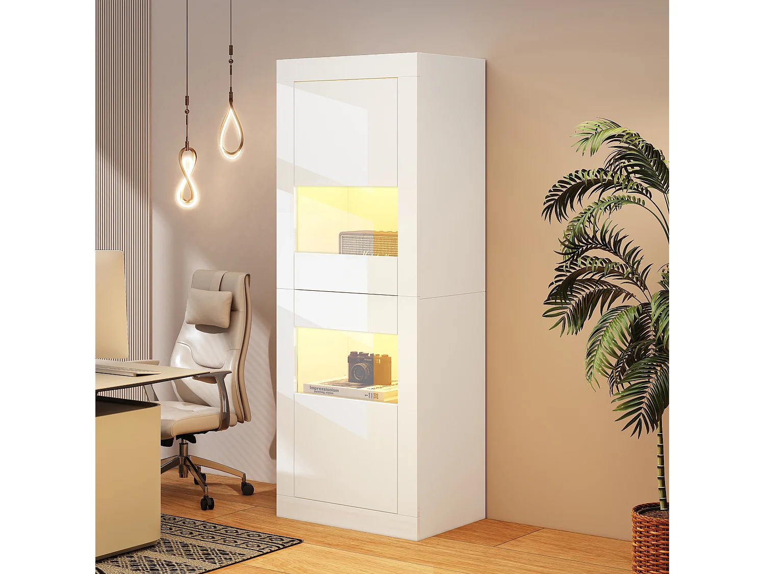 Vitrine avec 2 portes et tablettes en verre, corps en blanc laqué, LED inclus - 61x42x162cm