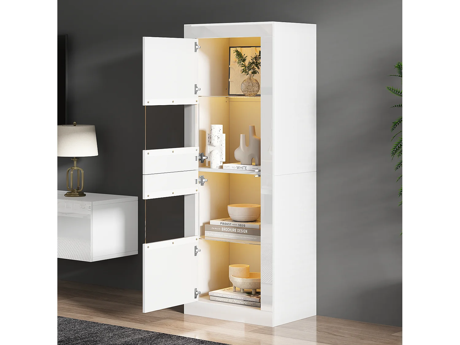 Vitrine avec 2 portes et tablettes en verre, corps en blanc laqué, LED inclus - 61x42x162cm
