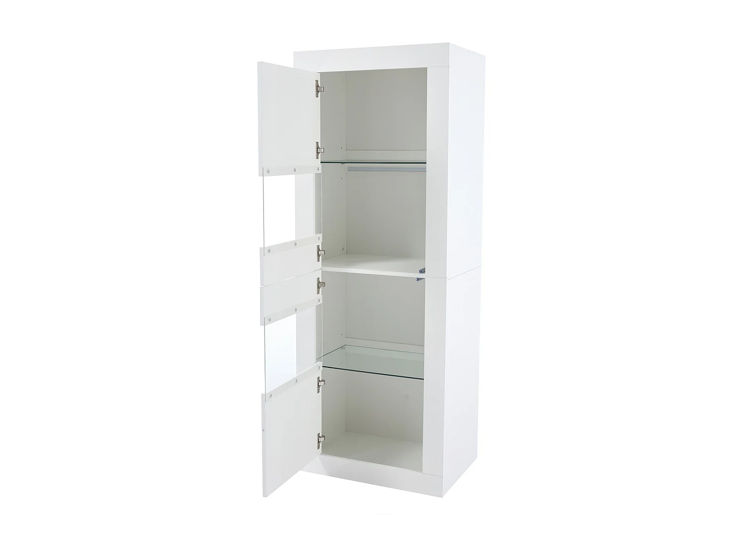 Vitrine avec 2 portes et tablettes en verre, corps en blanc laqué, LED inclus - 61x42x162cm