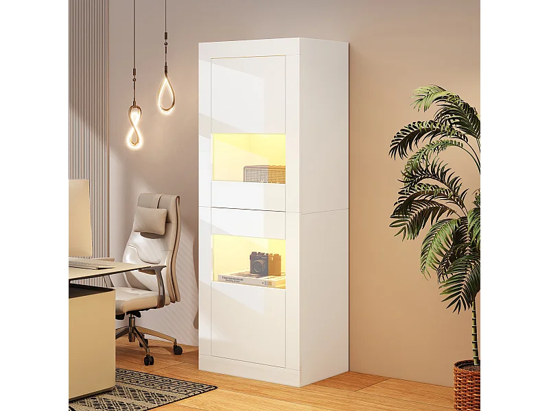 Vitrine avec 2 portes et tablettes en verre, corps en blanc laqué, LED inclus - 61x42x162cm