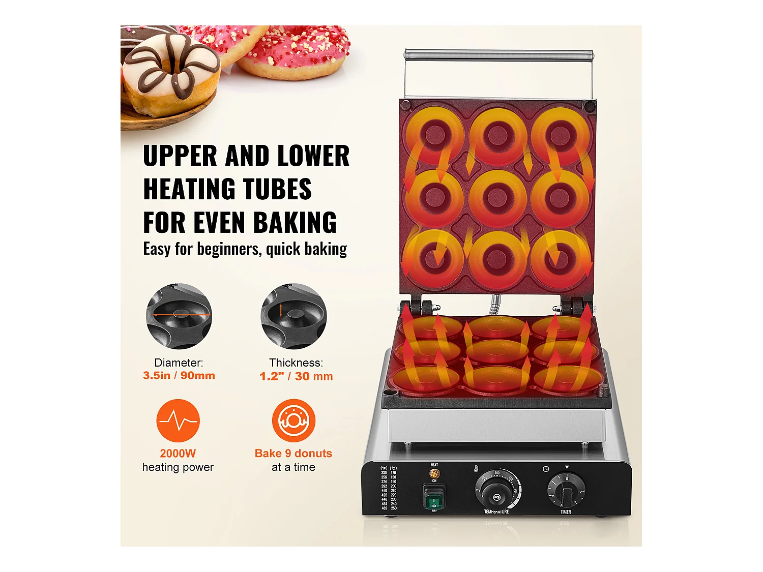 Machine à Beignets électrique SucceBuy 9pcs Machine à Beignets Commerciale 2000 W Antiadhésive