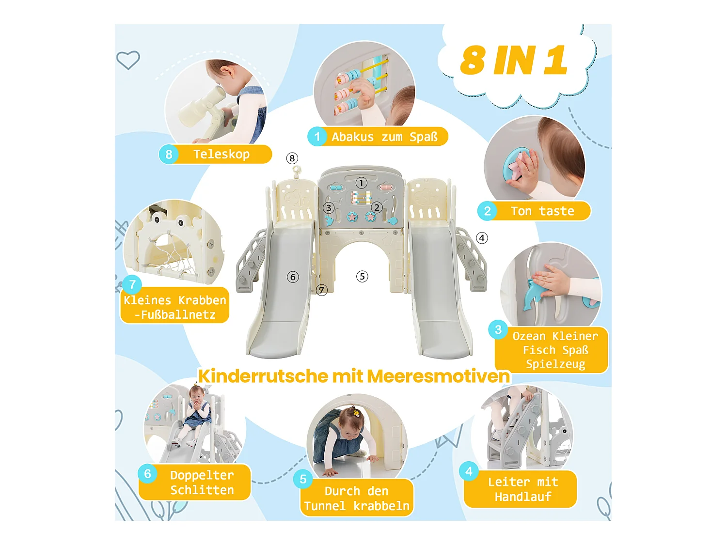 Aire de jeux 8 en 1 motif marin avec double toboggan, tunnel en arc, panier de basket, télescope et structure d’escalade.