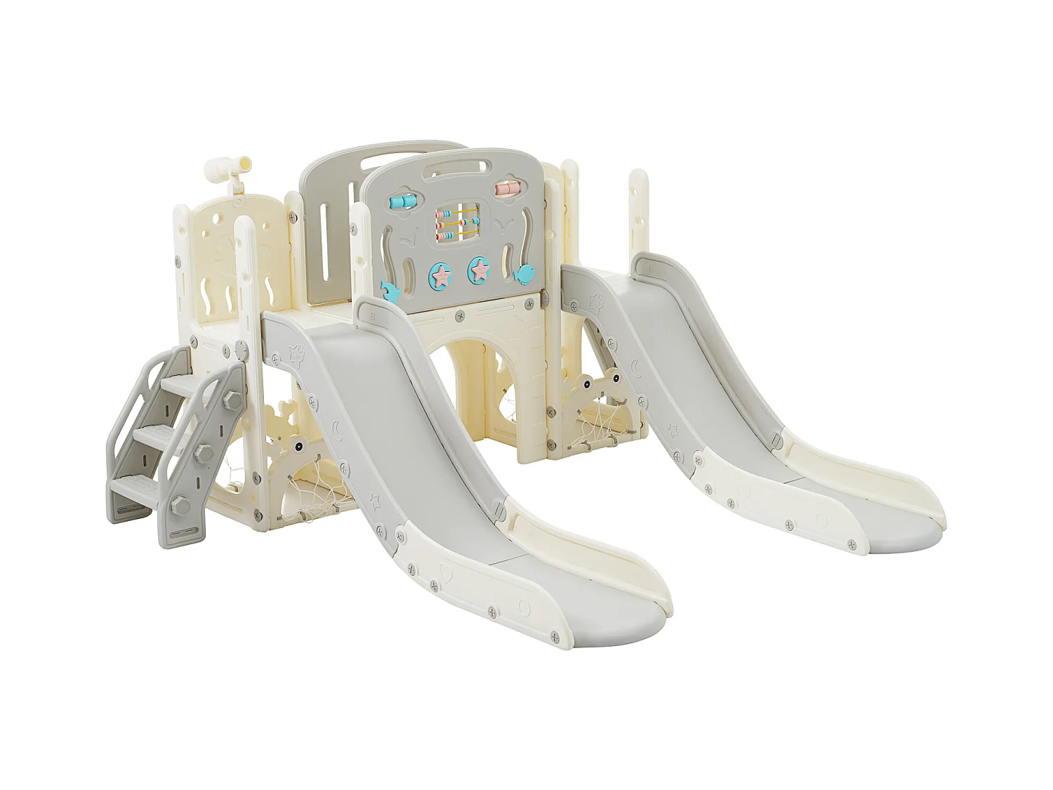 Aire de jeux 8 en 1 motif marin avec double toboggan, tunnel en arc, panier de basket, télescope et structure d’escalade.