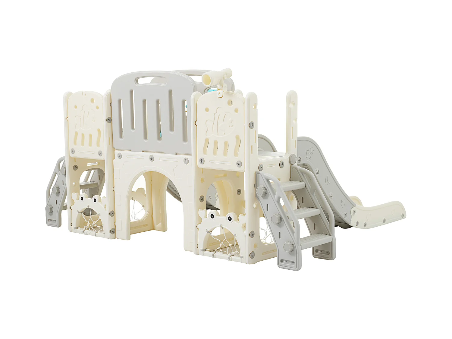 Aire de jeux 8 en 1 motif marin avec double toboggan, tunnel en arc, panier de basket, télescope et structure d’escalade.